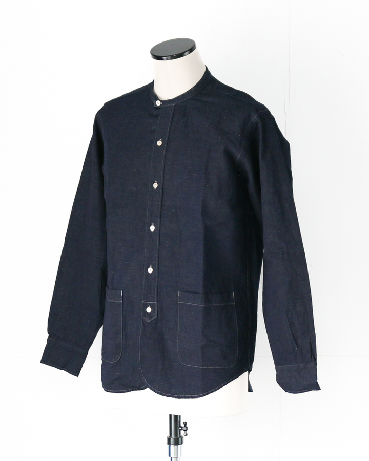 WORKERS Band Collar Shirt, Indigo Cotton Linen