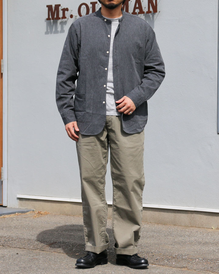 WORKERS Band Collar Shirt, Black Chambray
