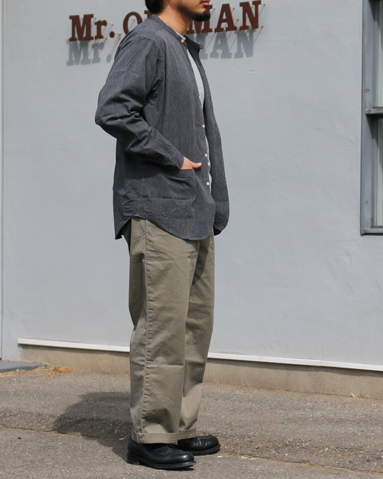 WORKERS Band Collar Shirt, Black Chambray