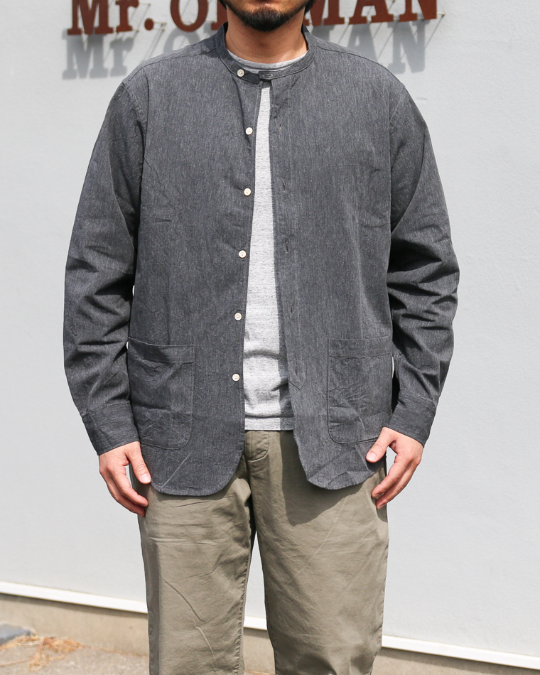 WORKERS Band Collar Shirt, Black Chambray