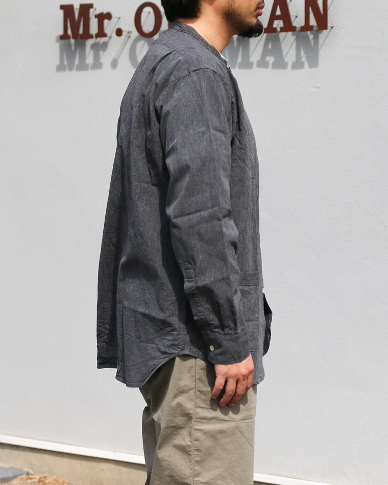 WORKERS Band Collar Shirt, Black Chambray
