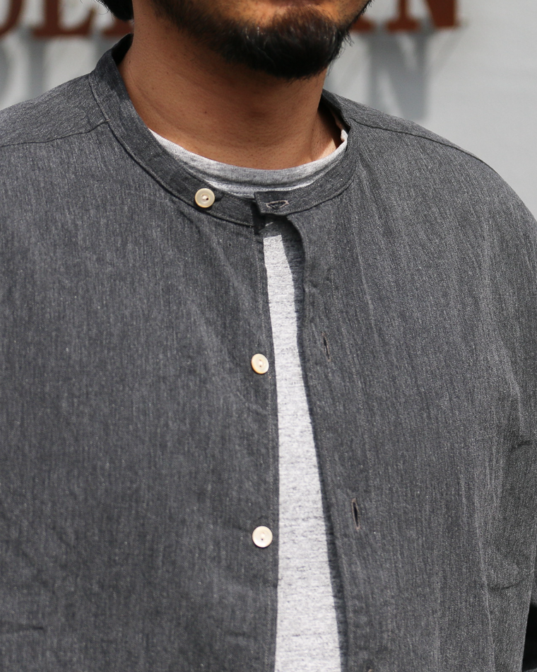 WORKERS Band Collar Shirt, Black Chambray