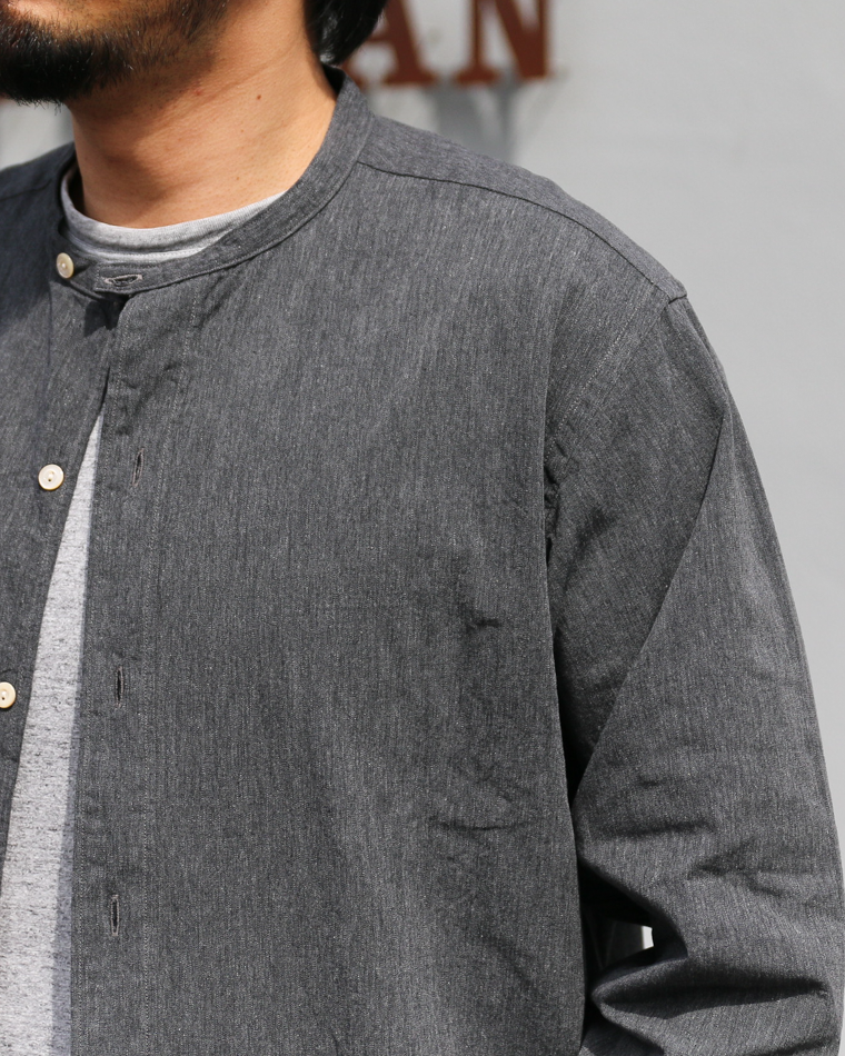 WORKERS Band Collar Shirt, Black Chambray