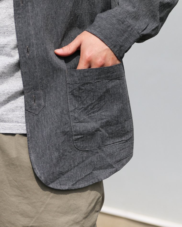 WORKERS Band Collar Shirt, Black Chambray