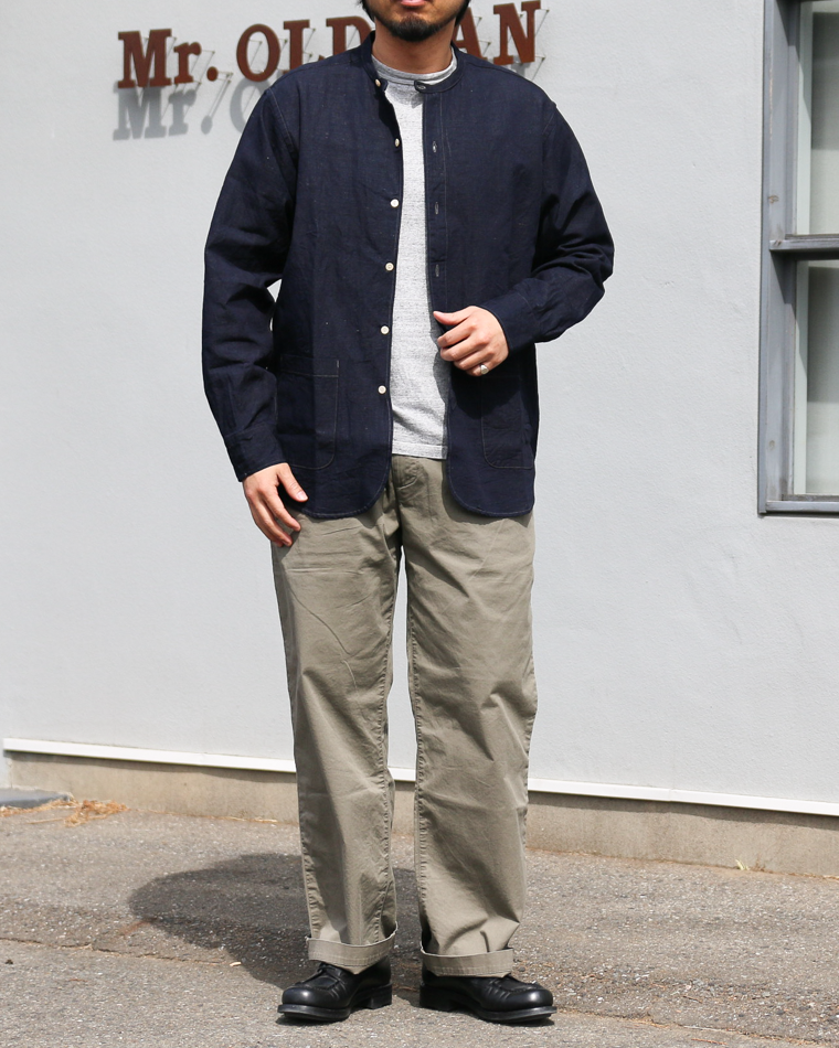 WORKERS Band Collar Shirt, Indigo Cotton Linen