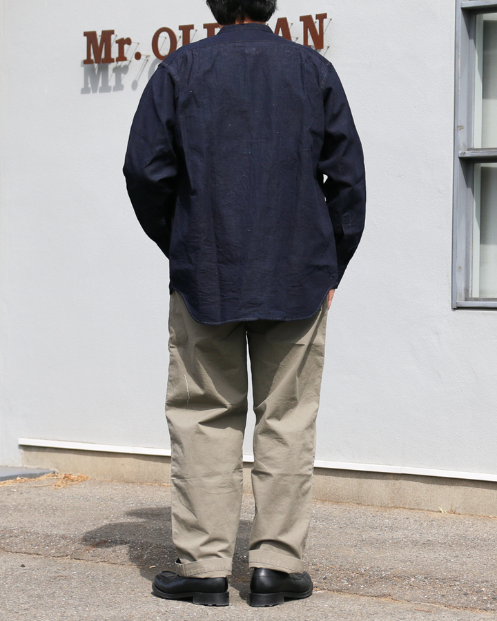 WORKERS Band Collar Shirt, Indigo Cotton Linen