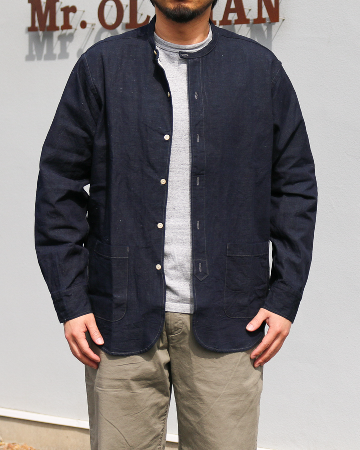 WORKERS Band Collar Shirt, Indigo Cotton Linen