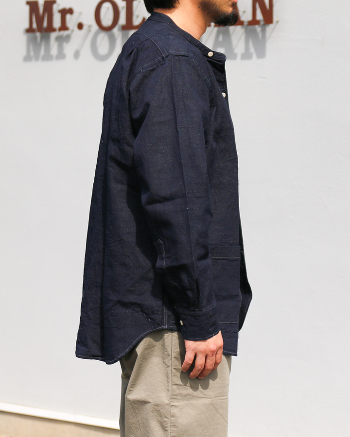 WORKERS Band Collar Shirt, Indigo Cotton Linen