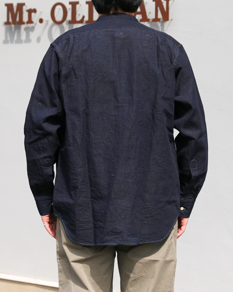 WORKERS Band Collar Shirt, Indigo Cotton Linen