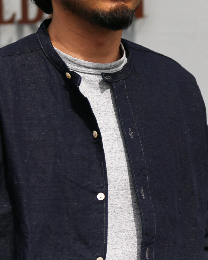 WORKERS Band Collar Shirt, Indigo Cotton Linen