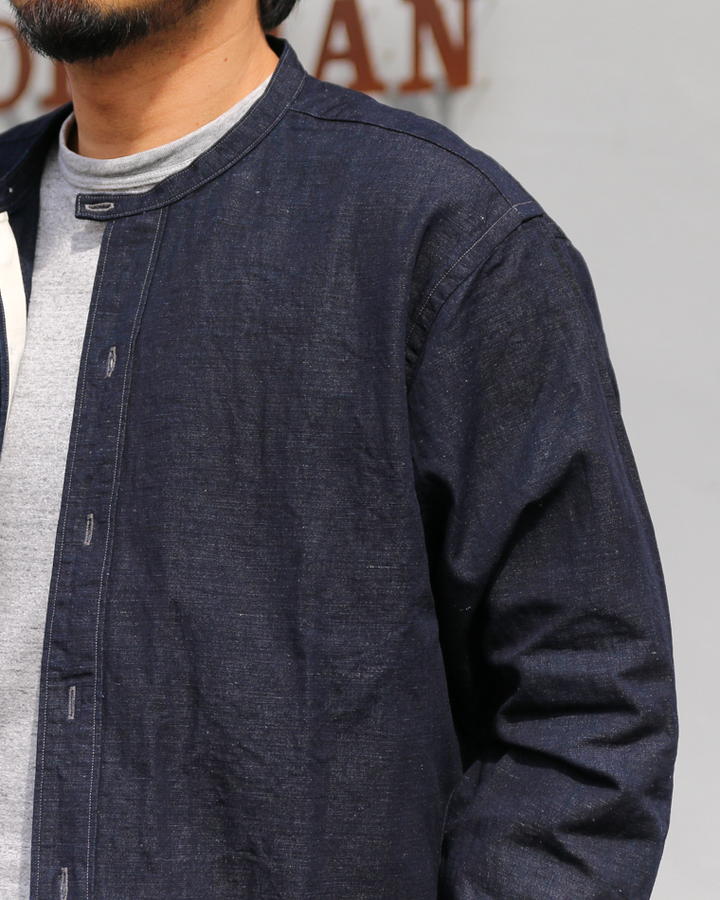 WORKERS Band Collar Shirt, Indigo Cotton Linen