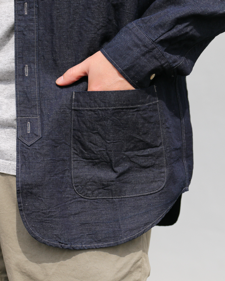 WORKERS Band Collar Shirt, Indigo Cotton Linen