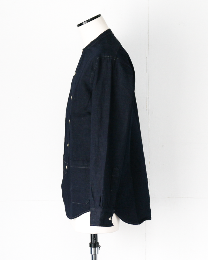 WORKERS Band Collar Shirt, Indigo Cotton Linen
