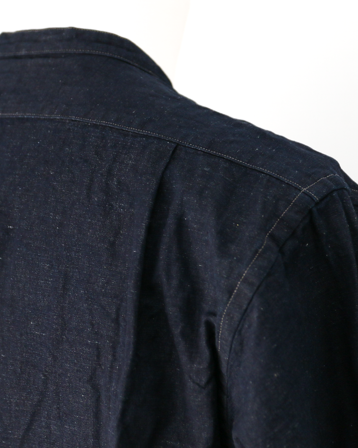 WORKERS Band Collar Shirt, Indigo Cotton Linen