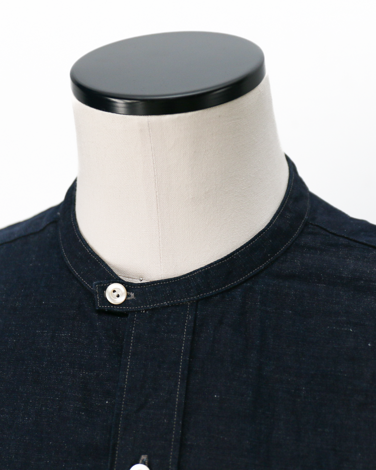 WORKERS Band Collar Shirt, Indigo Cotton Linen