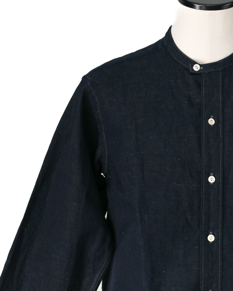 WORKERS Band Collar Shirt, Indigo Cotton Linen