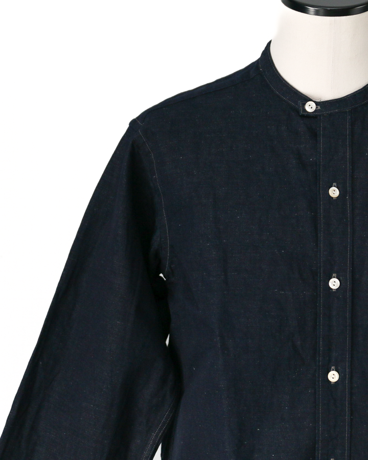 WORKERS Band Collar Shirt, Indigo Cotton Linen