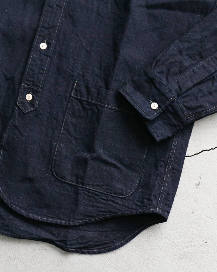 WORKERS Band Collar Shirt, Indigo Cotton Linen