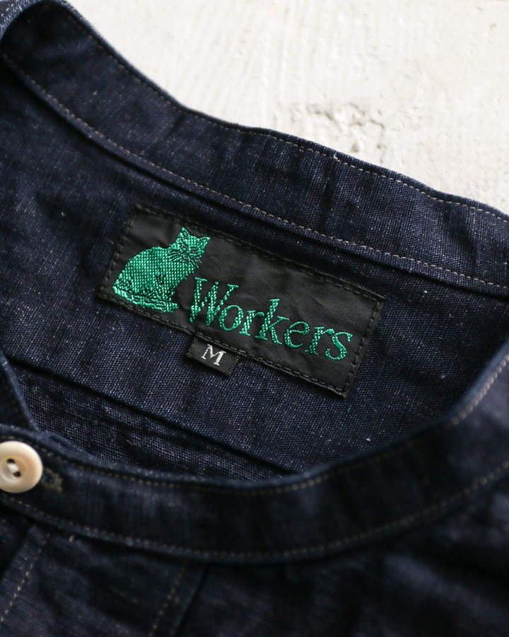 WORKERS Band Collar Shirt, Indigo Cotton Linen