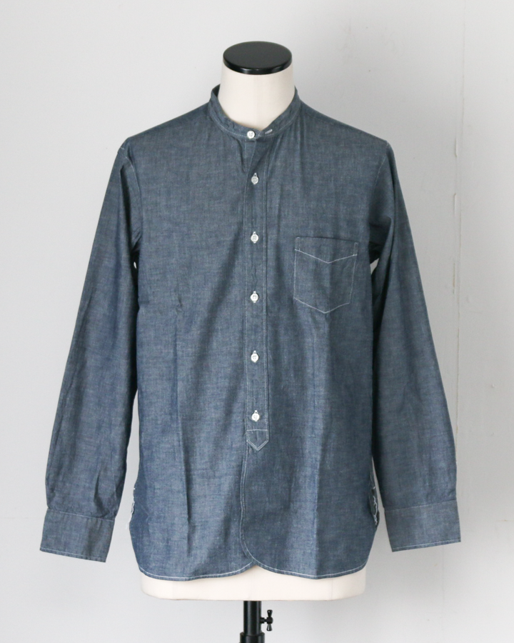 WORKERS ワーカーズ Band Collar Shirt, Indigo Chambray