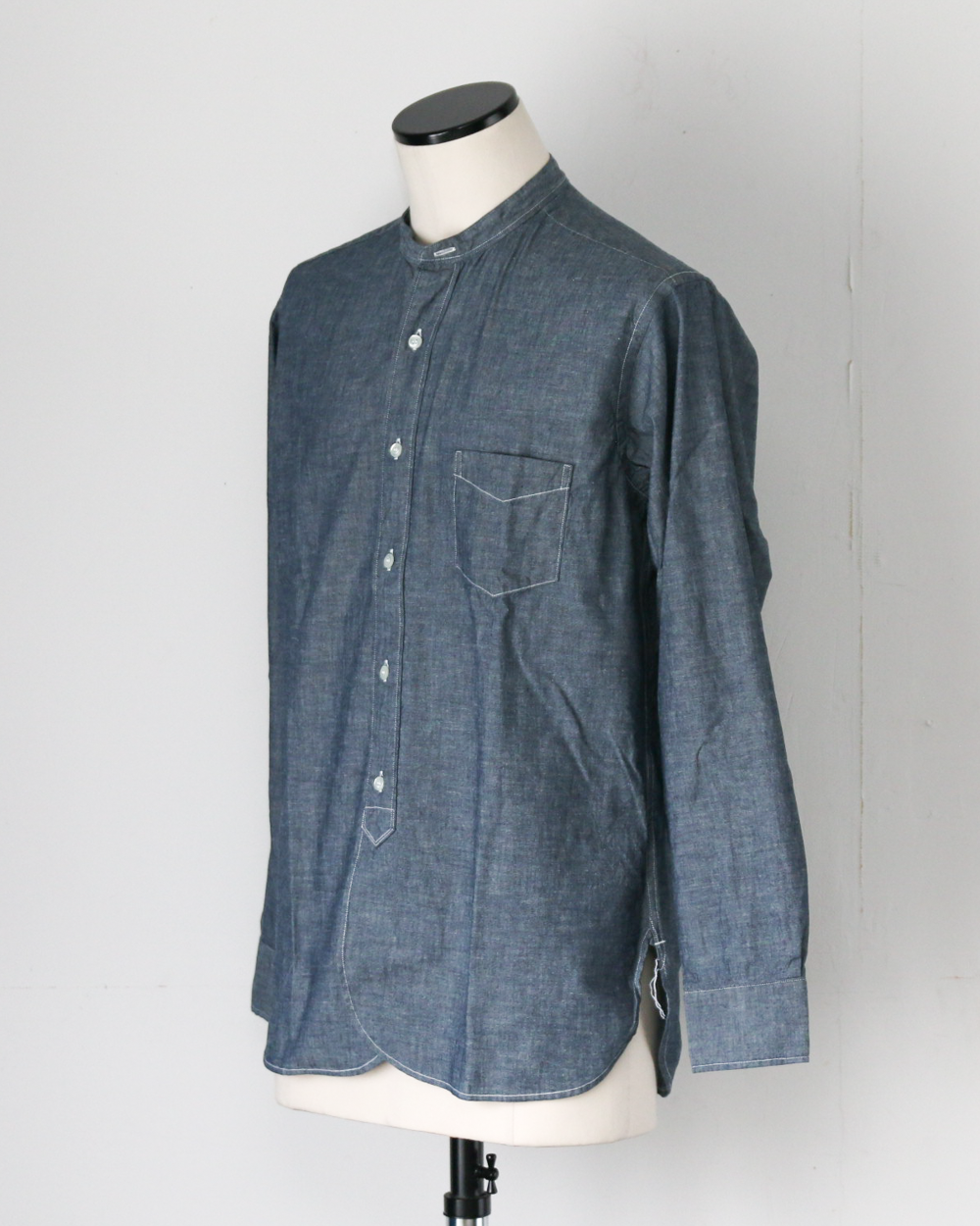 WORKERS ワーカーズ Band Collar Shirt, Indigo Chambray