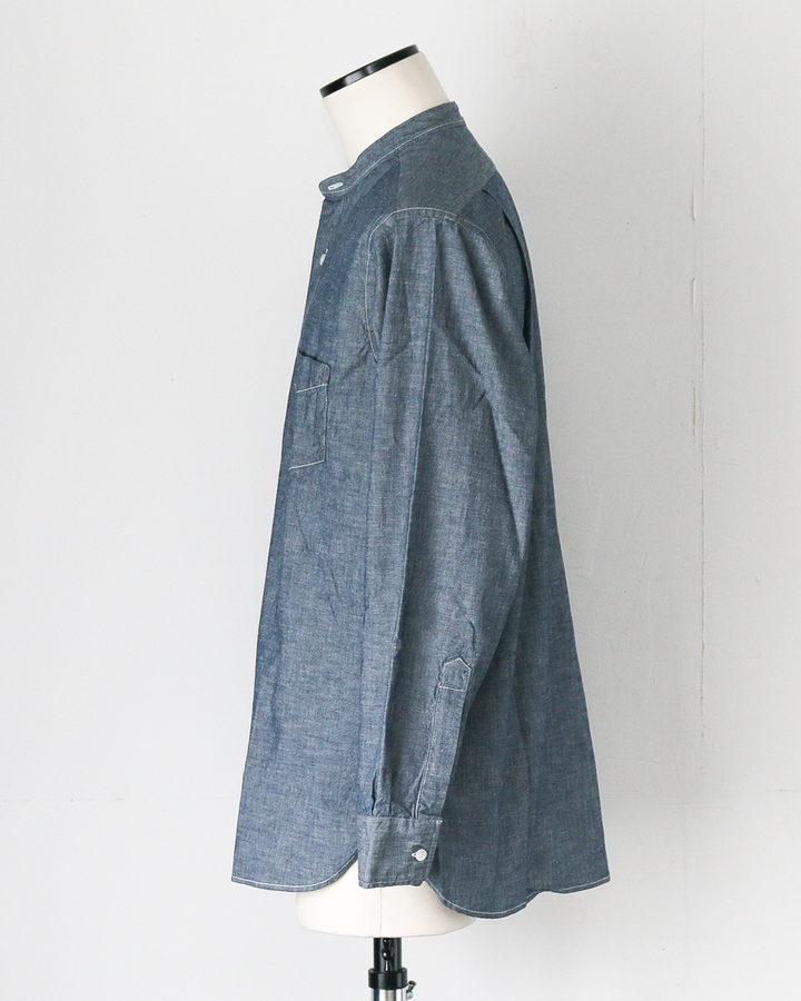 WORKERS ワーカーズ Band Collar Shirt, Indigo Chambray