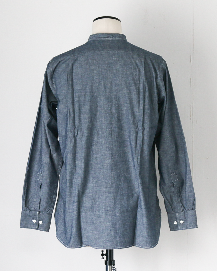 WORKERS ワーカーズ Band Collar Shirt, Indigo Chambray