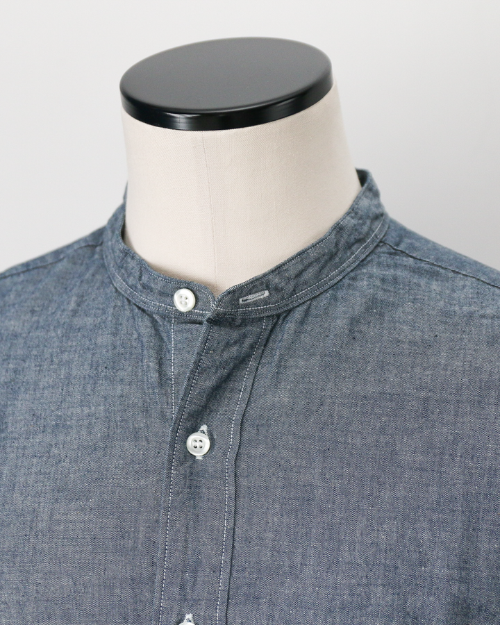 WORKERS ワーカーズ Band Collar Shirt, Indigo Chambray
