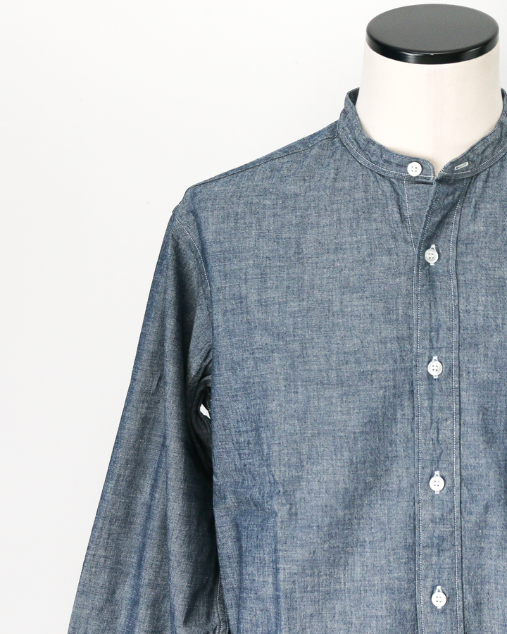 WORKERS ワーカーズ Band Collar Shirt, Indigo Chambray