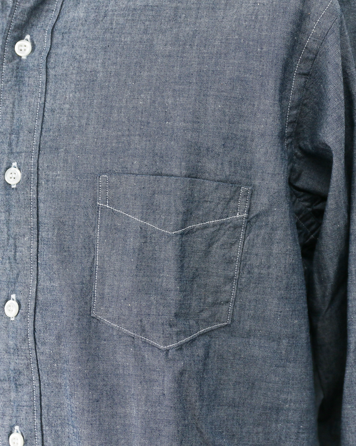 WORKERS ワーカーズ Band Collar Shirt, Indigo Chambray