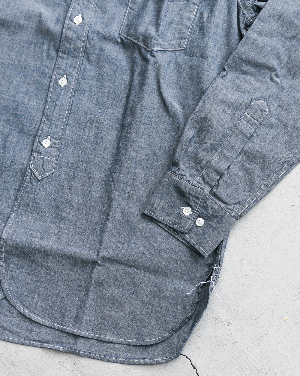 WORKERS ワーカーズ Band Collar Shirt, Indigo Chambray