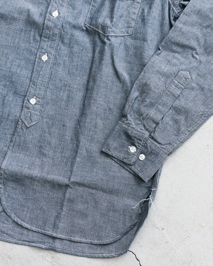 WORKERS ワーカーズ Band Collar Shirt, Indigo Chambray