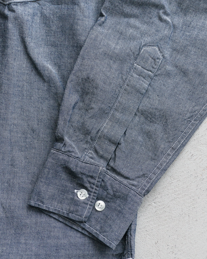 WORKERS ワーカーズ Band Collar Shirt, Indigo Chambray