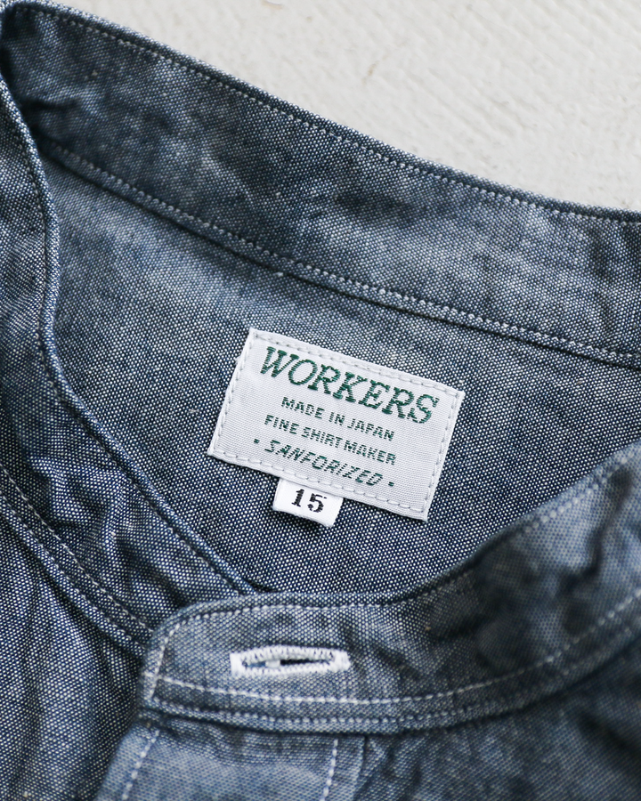 WORKERS ワーカーズ Band Collar Shirt, Indigo Chambray