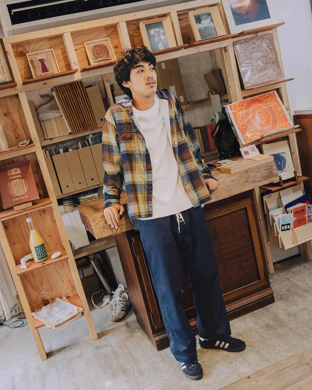 IMPRESTORE インプレストア Flannel Hooded Shirt / Springsteen (Navy×Brown)