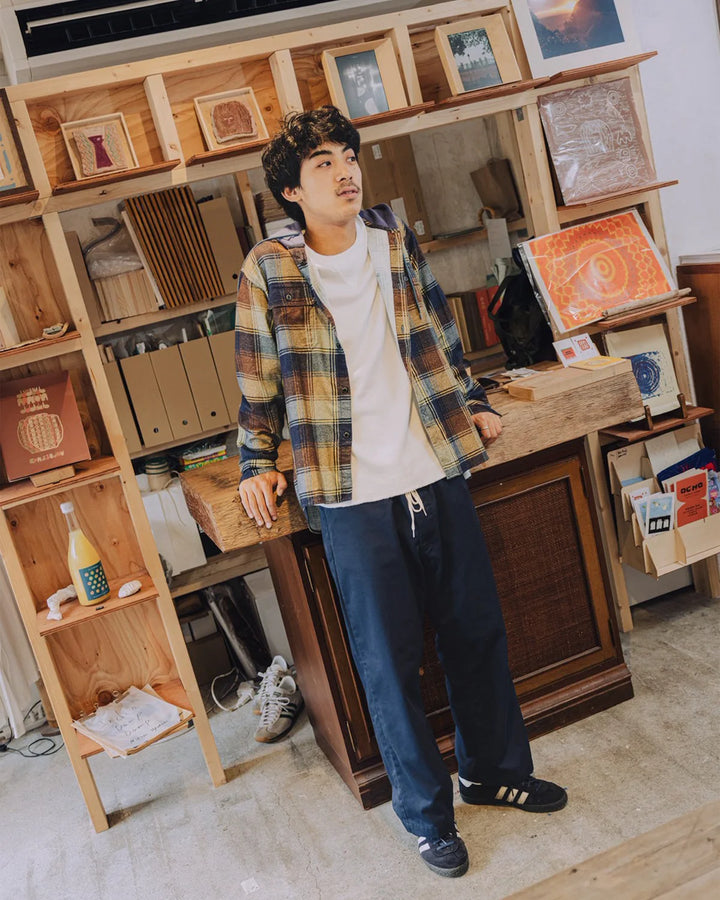 IMPRESTORE インプレストア Flannel Hooded Shirt / Springsteen (Navy×Brown)