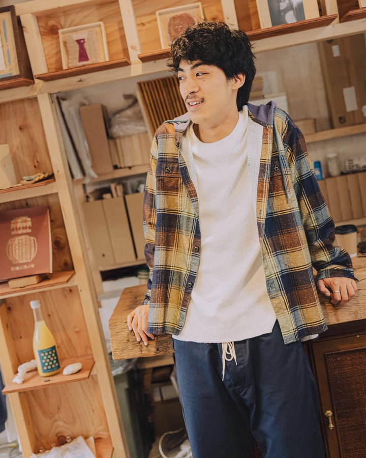 IMPRESTORE インプレストア Flannel Hooded Shirt / Springsteen (Navy×Brown)