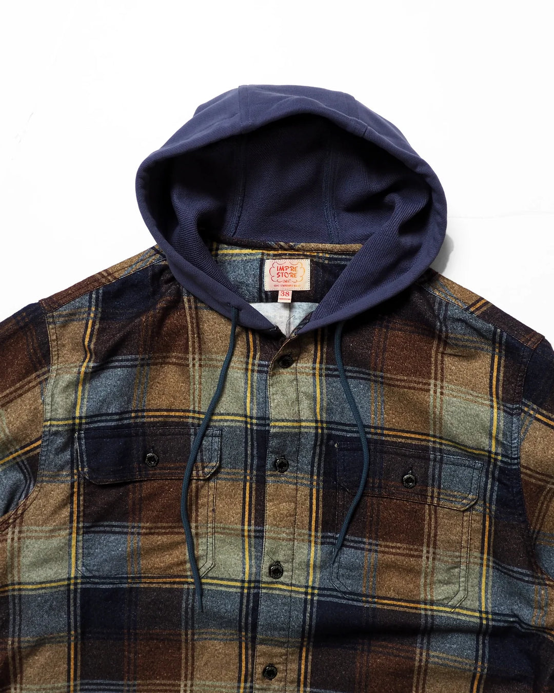 IMPRESTORE インプレストア Flannel Hooded Shirt / Springsteen (Navy×Brown)