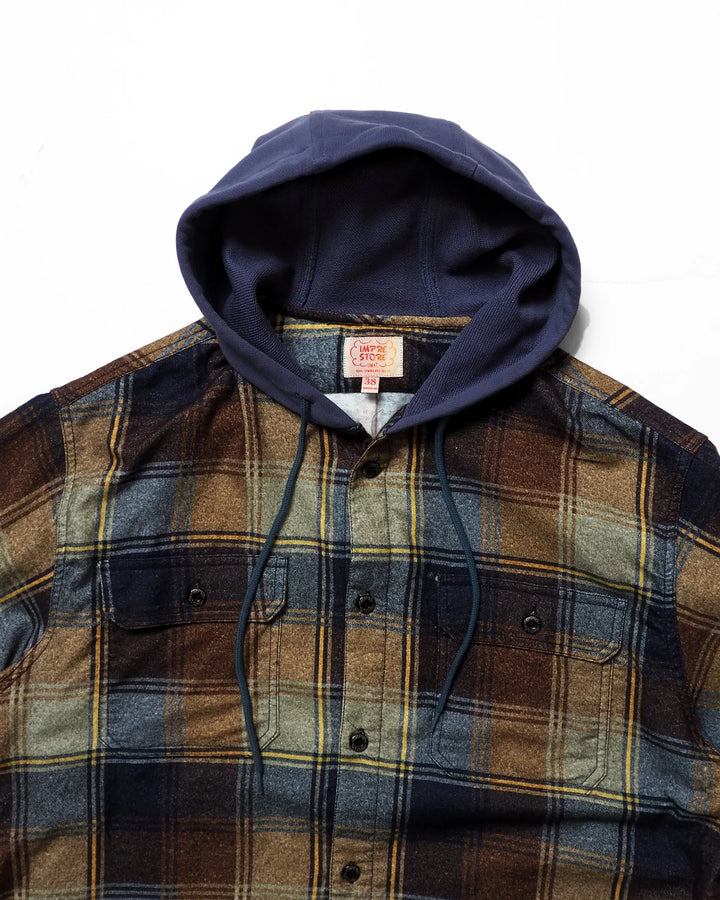 IMPRESTORE インプレストア Flannel Hooded Shirt / Springsteen (Navy×Brown)