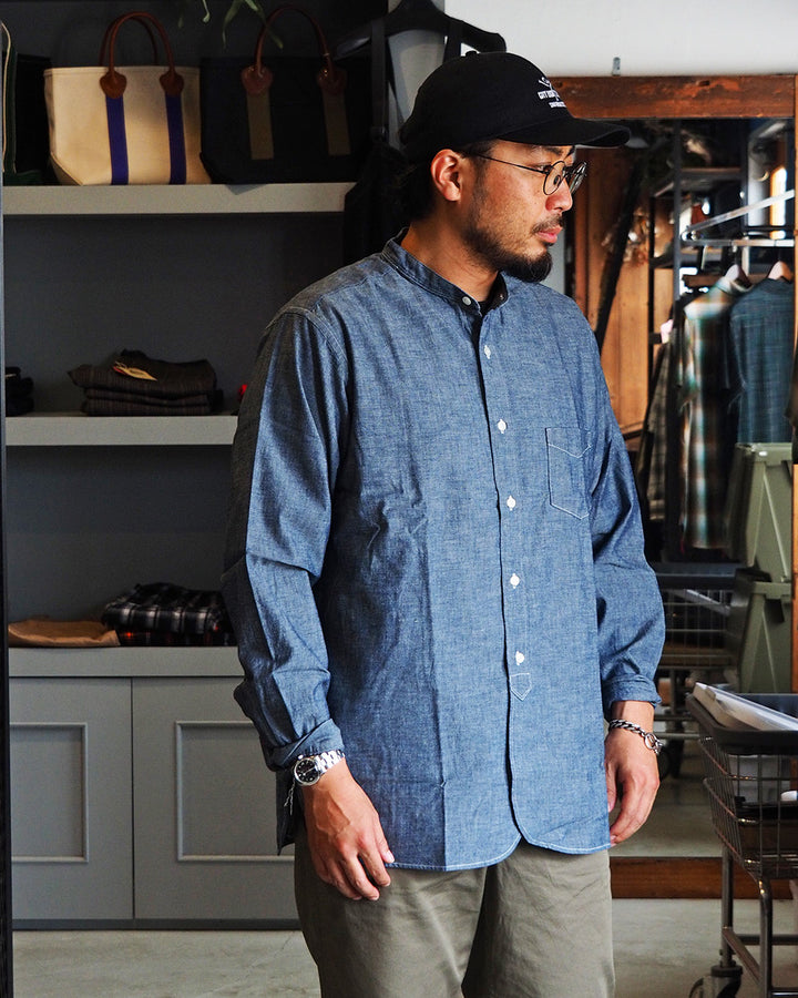 WORKERS ワーカーズ Band Collar Shirt, Indigo Chambray
