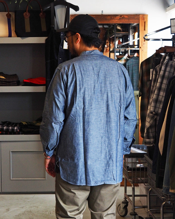 WORKERS ワーカーズ Band Collar Shirt, Indigo Chambray