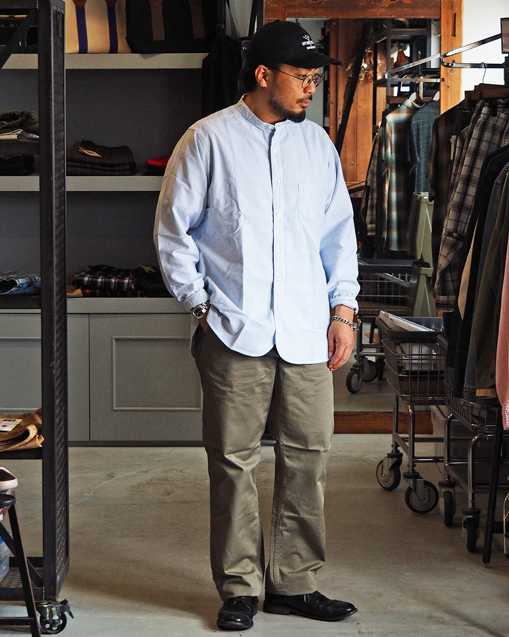 WORKERS ワーカーズ Band Collar Shirt, Supima OX, Stripe
