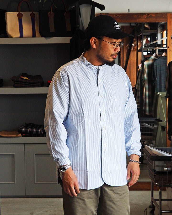 WORKERS ワーカーズ Band Collar Shirt, Supima OX, Stripe