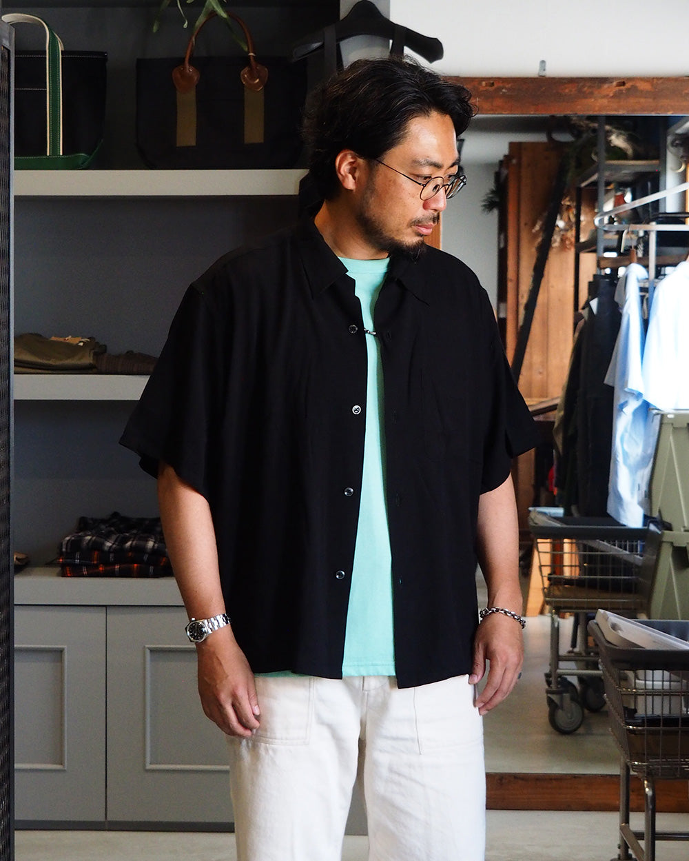 TOWN CRAFT タウンクラフト PRINTED LOOP COLLAR SS SHIRT Solid Black