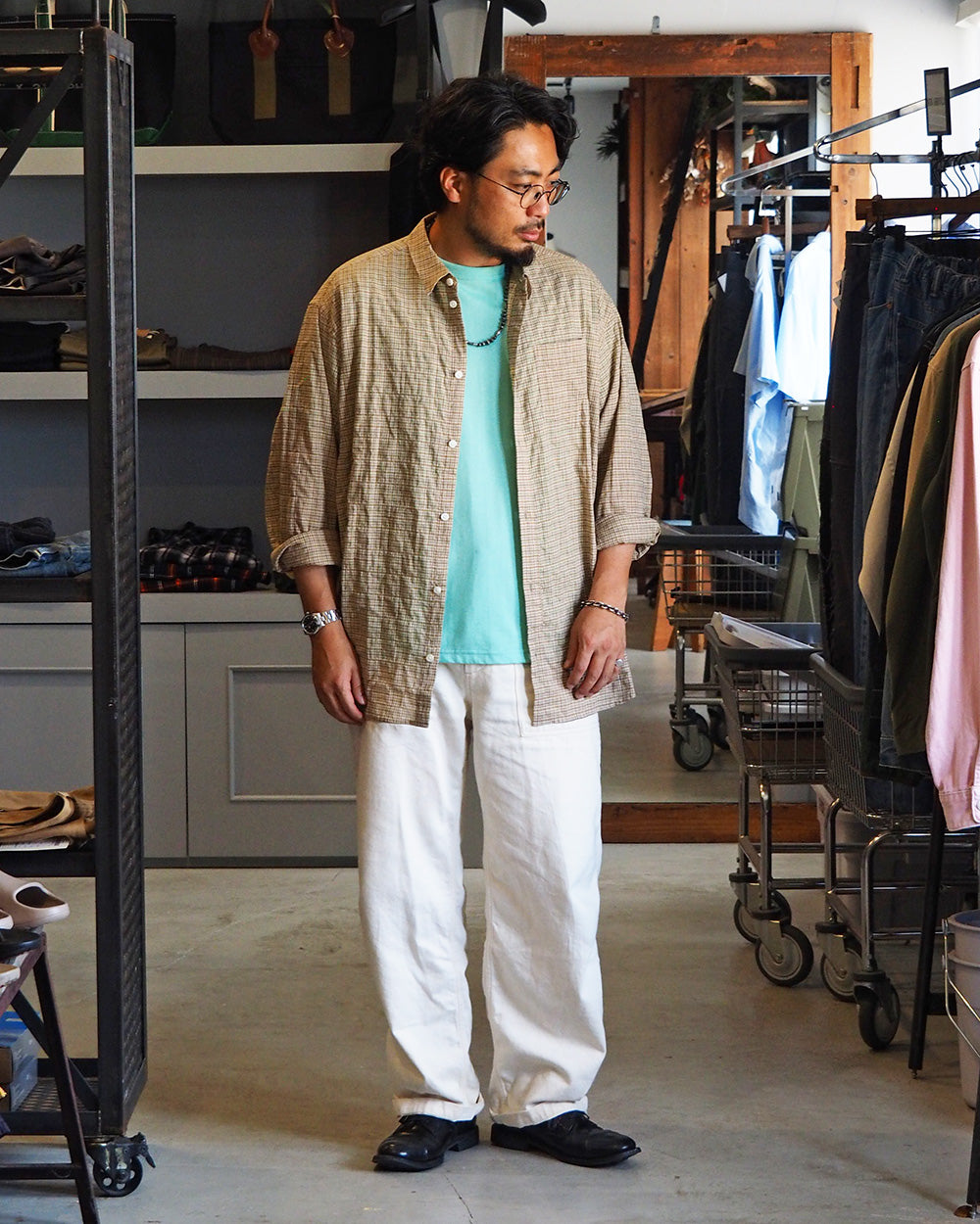 MASTER&amp;CO マスターアンドコー MC1622 SHIRRING CHECK NEW PLAIN SHIRT Beige