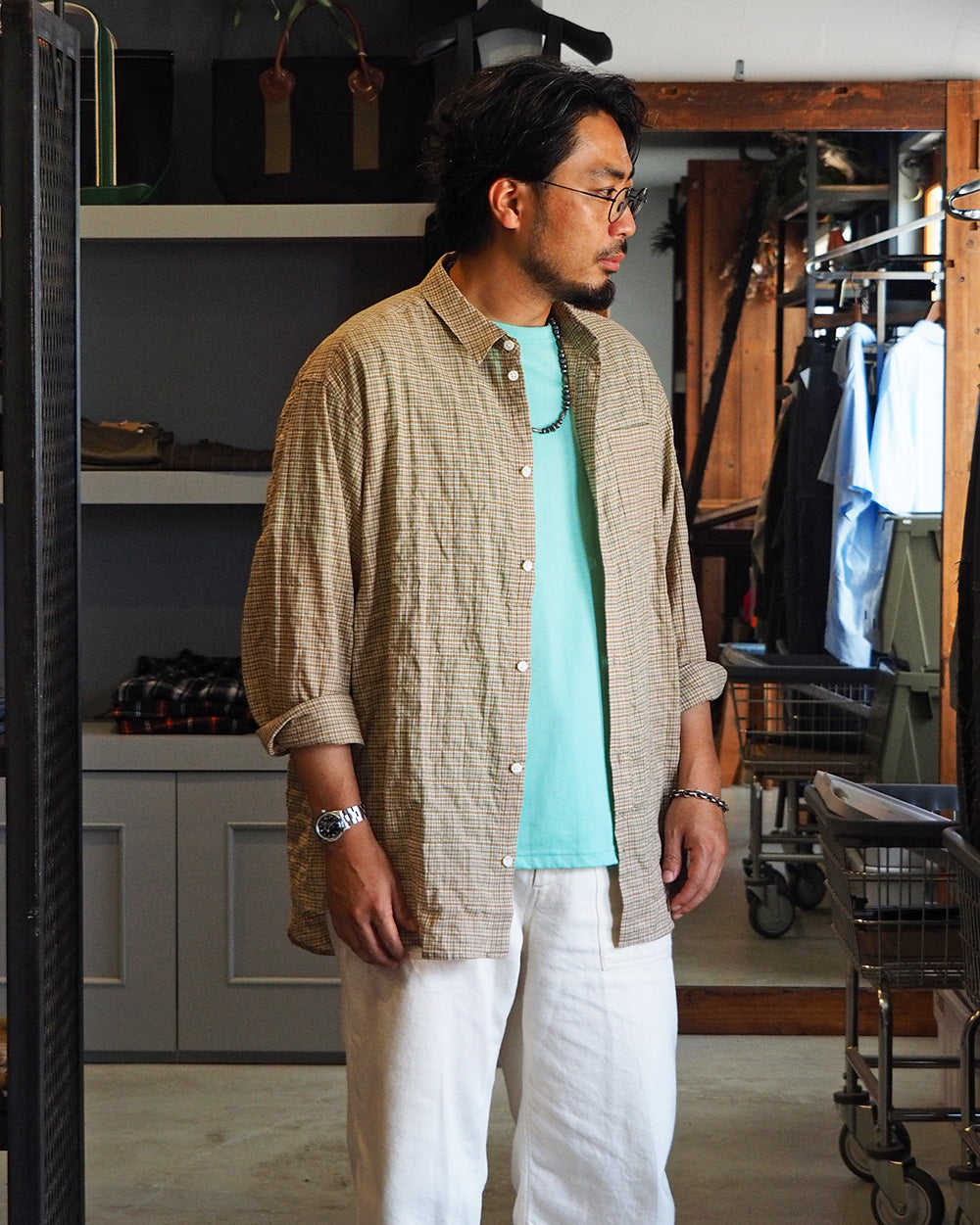 MASTER&amp;CO マスターアンドコー MC1622 SHIRRING CHECK NEW PLAIN SHIRT Beige