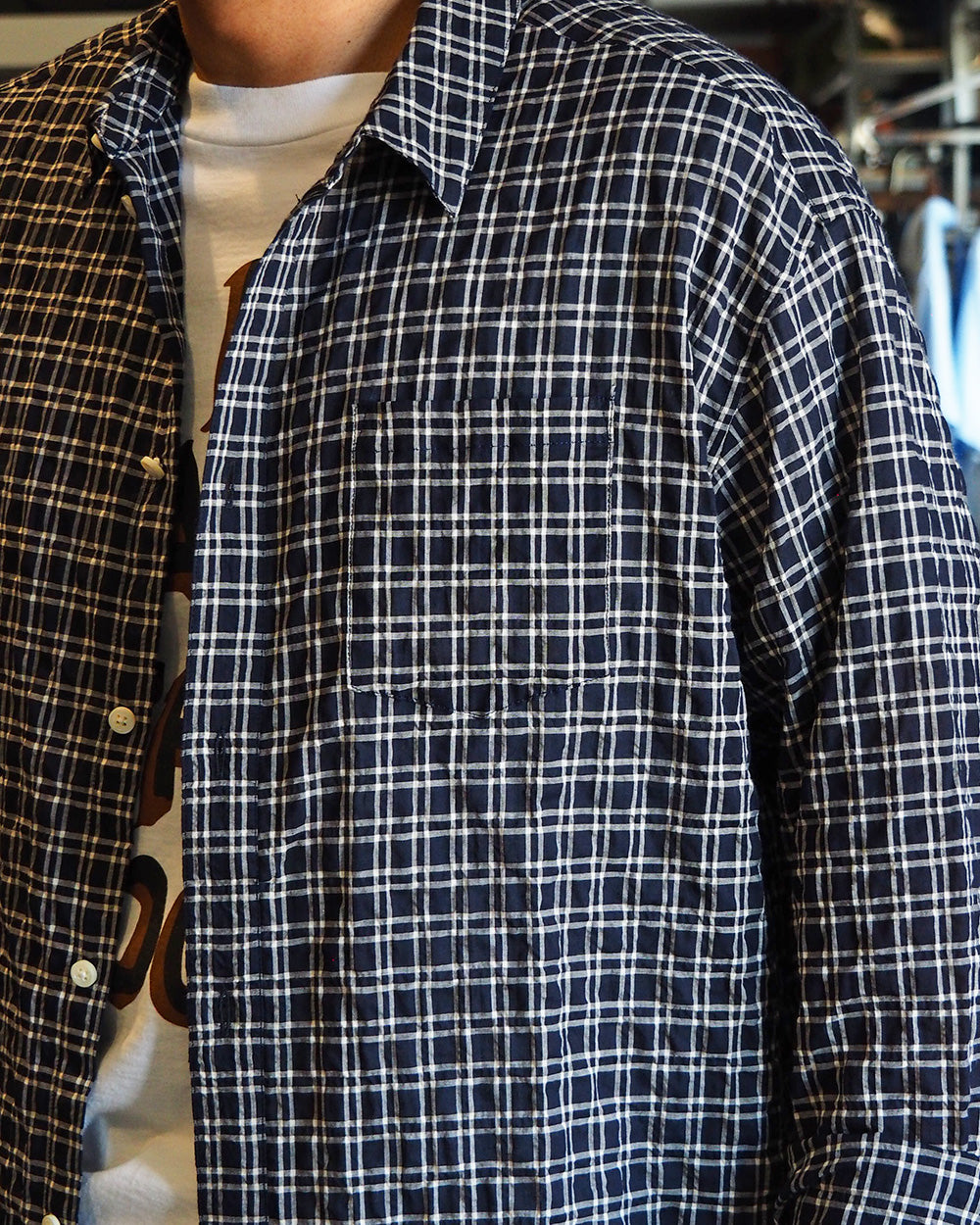 MASTER&amp;CO マスターアンドコー MC1622 SHIRRING CHECK NEW PLAIN SHIRT Navy