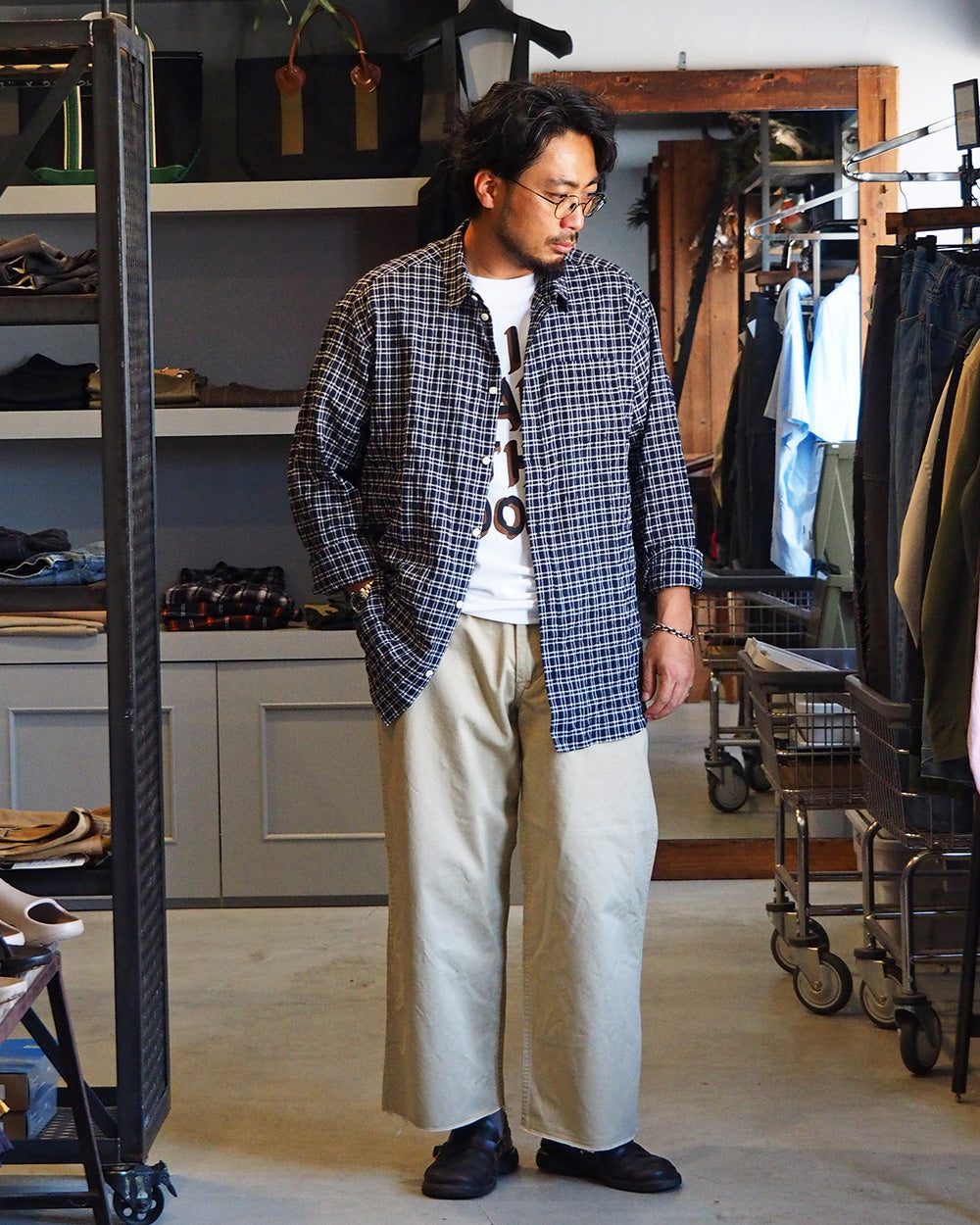 MASTER&amp;CO マスターアンドコー MC1622 SHIRRING CHECK NEW PLAIN SHIRT Navy