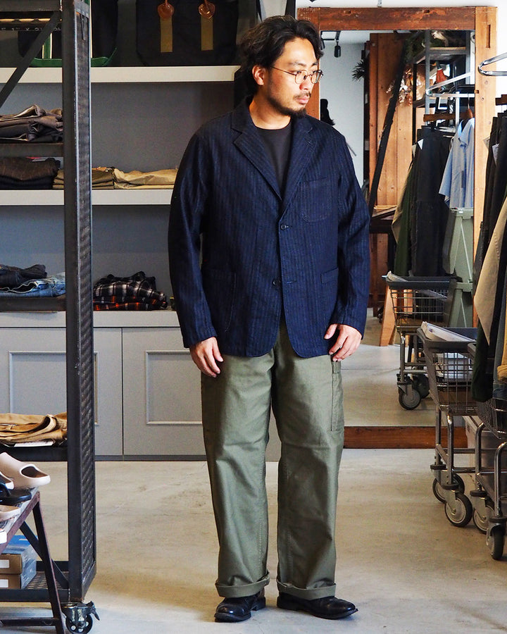 WORKERS ワーカーズ Lounge Jacket, Indigo Herringbone