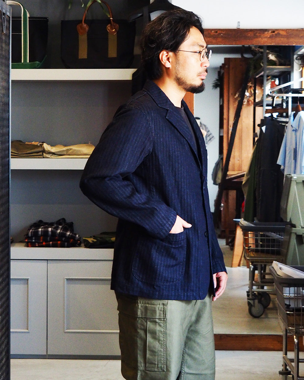 WORKERS ワーカーズ Lounge Jacket, Indigo Herringbone